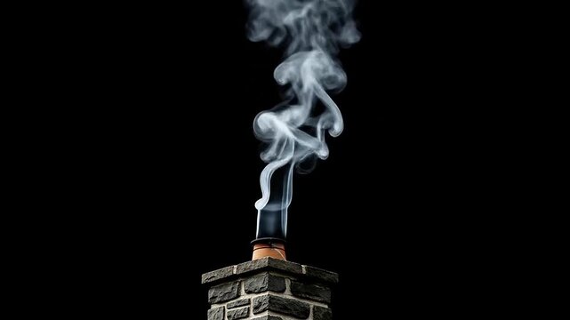 A plume of white smoke rising from a stone chimney stack