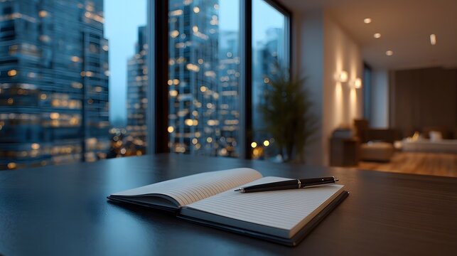 A spiral bound notebook and pen rest on a surface offering a view of a glowing city skyline through a large window