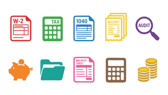 Vibrant Colorful Flat Style Vector Icon Set of Tax and Accounting Documents Including W-2, 1040 Forms, Calculator, Audit Magnifying Glass, Piggy Bank, Balance Sheet, Receipts, and Stacked Coins.