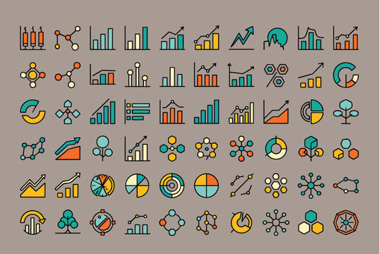 Large set of diverse data visualization icons and infographics in warm tones including charts, networks, and growth trees for analysis.