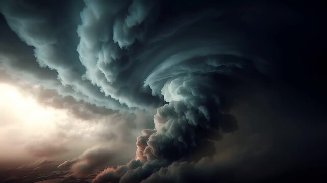 Tornado, twister, weather, natural disaster. A dramatic digital artwork depicts a stormy sky. The main subject is a large, swirling cloud formation, with distinct layers of dark.