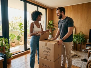Naklejka premium Couple unpacking moving boxes inside modern wooden apartment with large glass doors