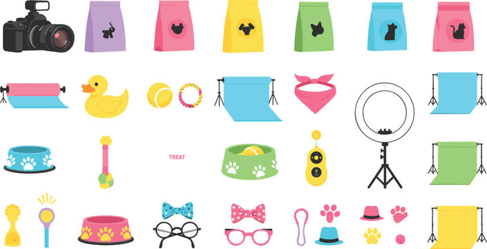 Pet Photography Studio Equipment Icon Set with Camera Backdrops Ring Light Food Bowls Toys and Cute Animal Props Vector
