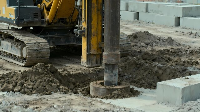 Powerful heavy machinery with a drilling rig working on a construction site, creating deep holes for foundation piling and infrastructure development