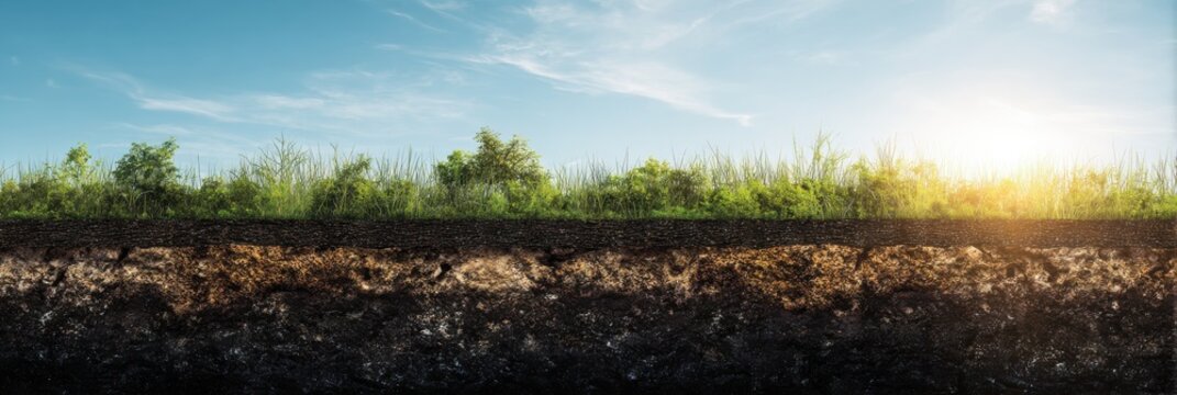 Soil cross section with grass and green plants at sunrise, underground earth layers and fertile ground background