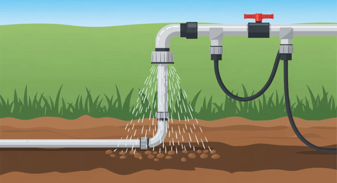 Vector illustration of an agricultural irrigation system featuring PVC pipes, a red control valve, and black drip hoses spraying water onto brown soil with seeds in a field.