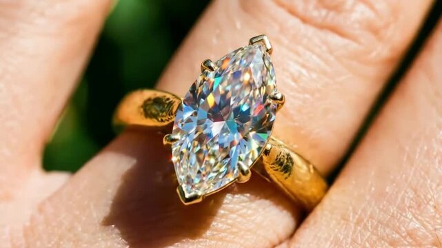 Marquise Cut Diamond Ring Sparkling on Finger in Direct Sunlight Revealing Spectral Fire