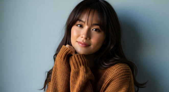 Cozy Autumn Portrait: A young woman with a gentle smile and bangs frames her face, her hands tucked into the sleeves of a warm, ribbed brown sweater. She looks directly at the camera.