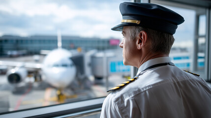 Obraz premium stock photo of an airline pilot standing at gate window watching ground crew completing final aircraft turnaround checks on apron below, shot from behind at low angle, no full face