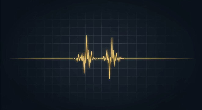 Golden yellow glowing pulse line representing a heartbeat or frequency wave on a dark blue or black grid background medical monitor display for cardiology or physics science.