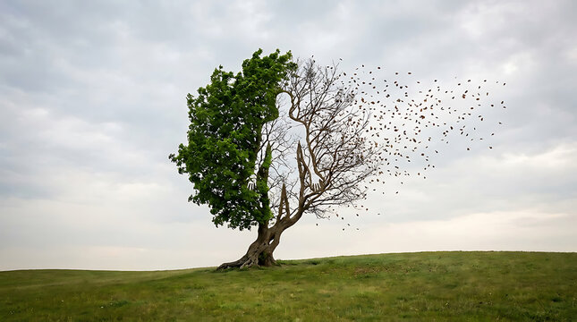 Surreal human silhouette tree half green and half dead blowing in wind
