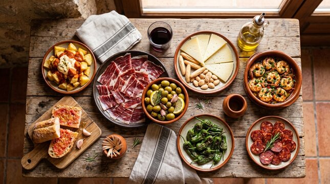 Traditional Spanish Tapas Assortment on Rustic Table