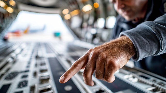 commercial stock photo close-up of load master hands pointing at cargo position marking inside aircraft hold while reviewing stowage plan, tight shot from low diagonal angle, no fu