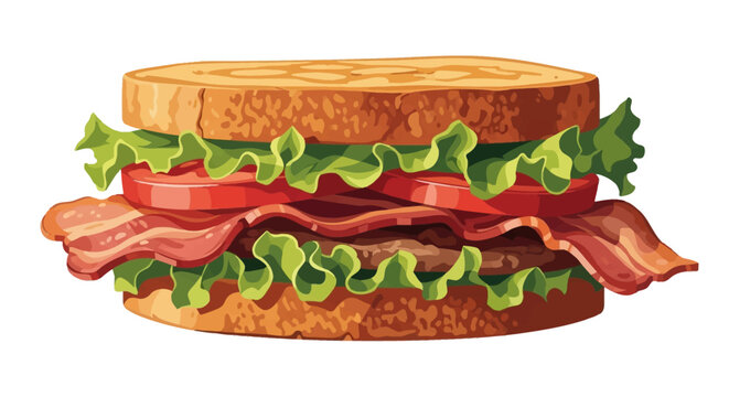 Vector illustration of a toasted BLT sandwich featuring a meat patty, crispy bacon, fresh green lettuce, and sliced red tomatoes on thick bread, isolated on a white background.