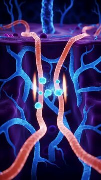 Intricate Illustration of Blood Vessels and Molecular Activity in a Vivid Purple and Blue Background Showcasing Medical and Biological Processes