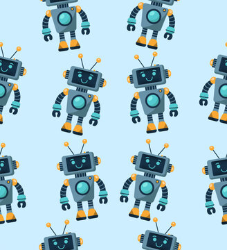 A robot pattern on a blue background.