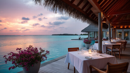 Fototapeta premium Ultra-wide cinematic shot of luxury resort open-air dining pavilion with thatched roof overlooking calm turquoise lagoon at sunset, warm amber and pink evening light washing over w