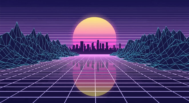 Retro-futuristic digital landscape featuring a glowing neon wireframe grid floor leading to a distant city silhouette under a large striped sunset sun and low poly mountains.