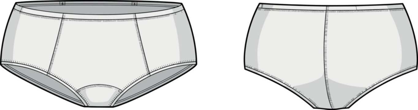 Technical flat sketch of women's high waisted full coverage panties featuring side seams, elastic waistband, and gusset detail for fashion tech pack CAD.