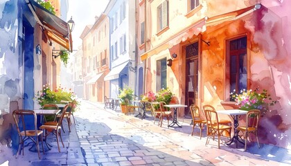 Obraz premium Watercolor painting of a sunlit European street with cafes and colorful buildings