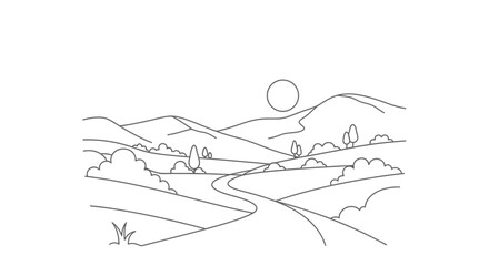 Fototapeta premium Scenic Countryside Road Winding Through Rolling Hills Under a Bright Sun