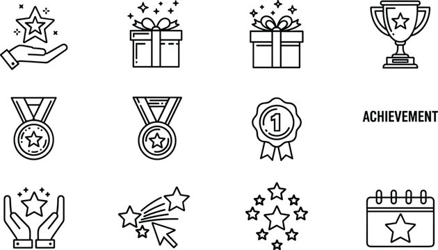 Achievement icons trophy medal prize star gift box award success celebration win.
