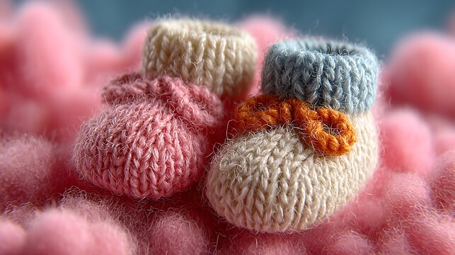 Soft knitted baby booties on cozy cloud blanket newborn nursery decor pictures