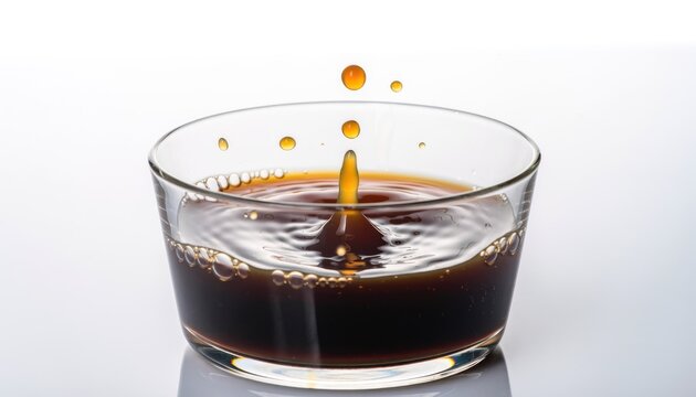 Close-Up View of Water Droplets Splashing in a Shallow Dish of Dark Liquid on a Reflective Surface