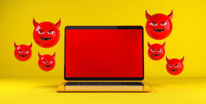 Laptop with red empty screen and evil devil emojis, cyber security and computer virus concept