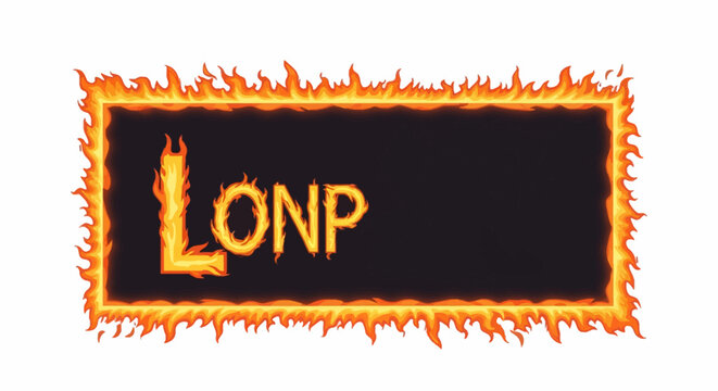 Vector illustration of a black rectangular sign frame surrounded by bright orange and yellow stylized flames with the text LONP written in a burning fire font on a white background.
