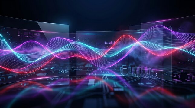 Abstract digital sound waves visualization with glowing blue pink and purple particles abstract particles background technology visualizer equalizer spectrum electric frequency analysis