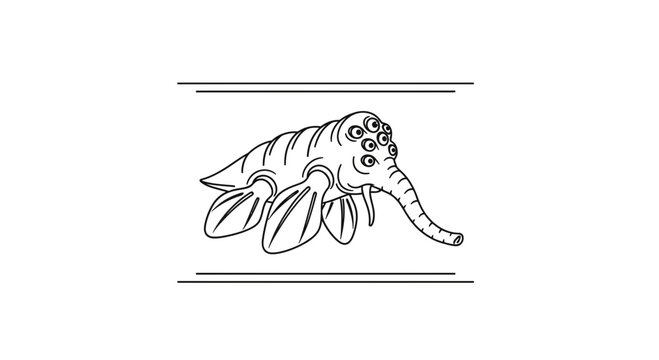 Mythical Sea Creature with Elephant Trunk and Multiple Eyes, Line Art