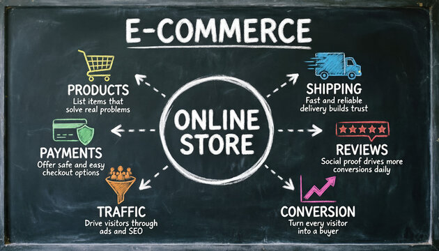 E-commerce online store strategy diagram on blackboard, digital marketing flow with shipping and payments, business growth concept map
