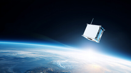 Obraz premium White nano satellite flying above curved Earth horizon in deep space, futuristic orbital communication, climate monitoring, remote sensing and modern aerospace innovation concept n