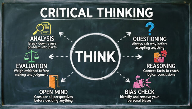 Critical thinking mind map on chalkboard, analysis and reasoning skills diagram, educational logic and problem solving concept illustration
