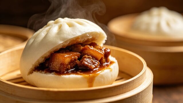 Steamed bao bun pork filling burst