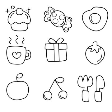 Cute Kawaii Sticker Icon Collection with Pastel Cartoon Objects, Hand Drawn UI Elements and Adorable Emoji Symbols black and white 