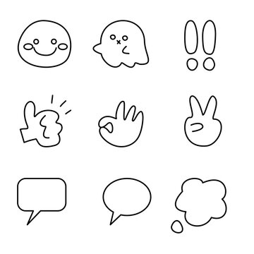 Cute Kawaii Sticker Icon Collection with Pastel Cartoon Objects, Hand Drawn UI Elements and Adorable Emoji Symbols black and white 