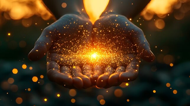 Golden spark particles glowing softly inside cupped human hands image