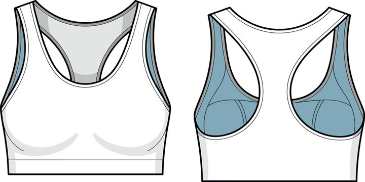 Technical Vector Illustration of Women Sports Bra Featuring Racerback Design Elastic Underband and Compression Fit for Fitness Yoga Athletic Wear and Activewear Apparel SketchArt & Illustration