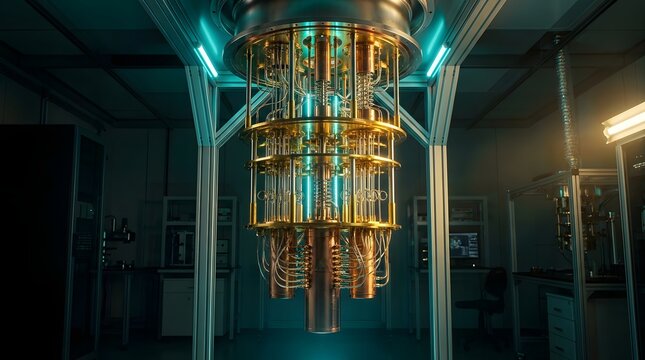 Quantum computer processor inside a dilution refrigerator in a laboratory environment