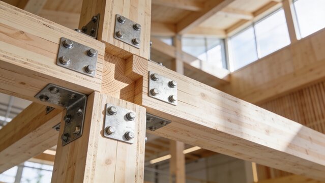 Heavy Timber Post and Beam Construction with Metal Brackets and Bolts Interior View