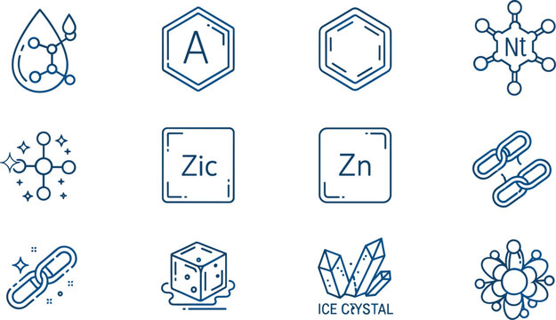 Collection of scientific icons including atomic zinc elements ice crystals chemical chains and structures.