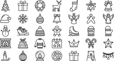 Obraz premium Christmas Line Icon Set Featuring Tree Gift Wreath Reindeer Angel Snowman Sleigh Gingerbread Man and Fireplace Outline Vectors for Holiday Web Mobile App Designs