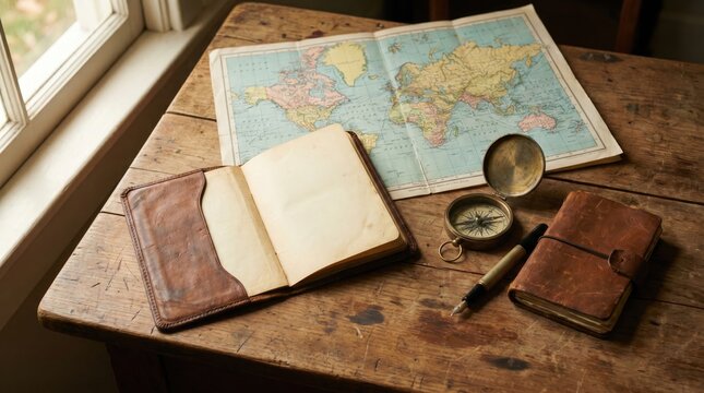 Open leather journal beside brass compass and fountain pen on antique wooden table, old world paper map spread out flat, vintage travel gear for planning journey, top view of explorer desk supplies.