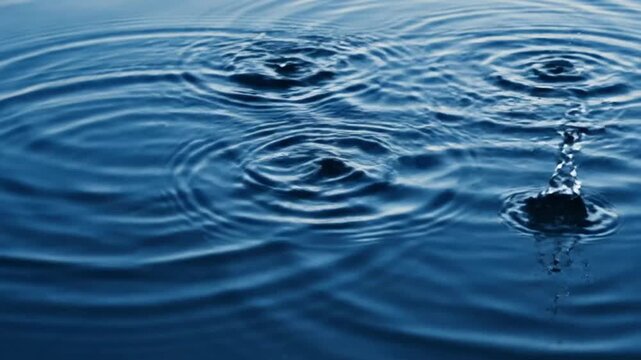 Detailed close-up of multiple water droplets falling and impacting a calm dark blue water surface, creating dynamic splashes and concentric ripples a macro shot captures the precise moment several