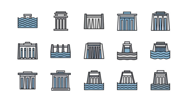 Set of dam icons illustrating water management and hydroelectric power generation