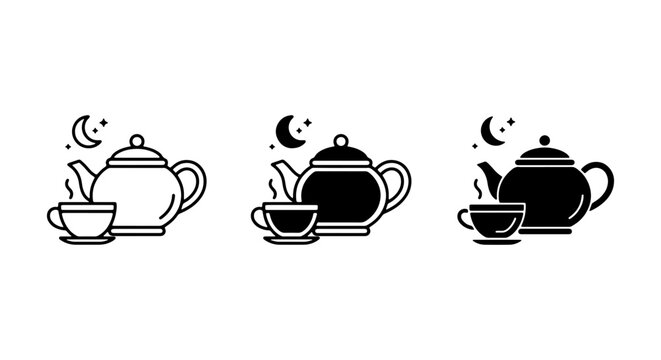 Tea Time Icons: Black & White Teapot and Cup Sets, Moon & Stars, Evening Beverage Graphics