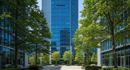 Obraz premium Modern glass towers surrounded by lush trees
