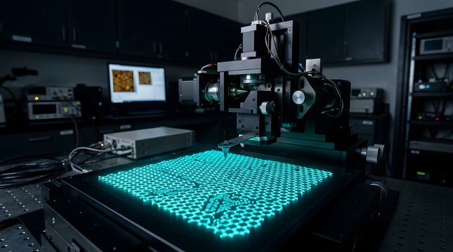 Atomic force microscopy afm system scanning a glowing hexagonal graphene lattice structure in a scientific research laboratory